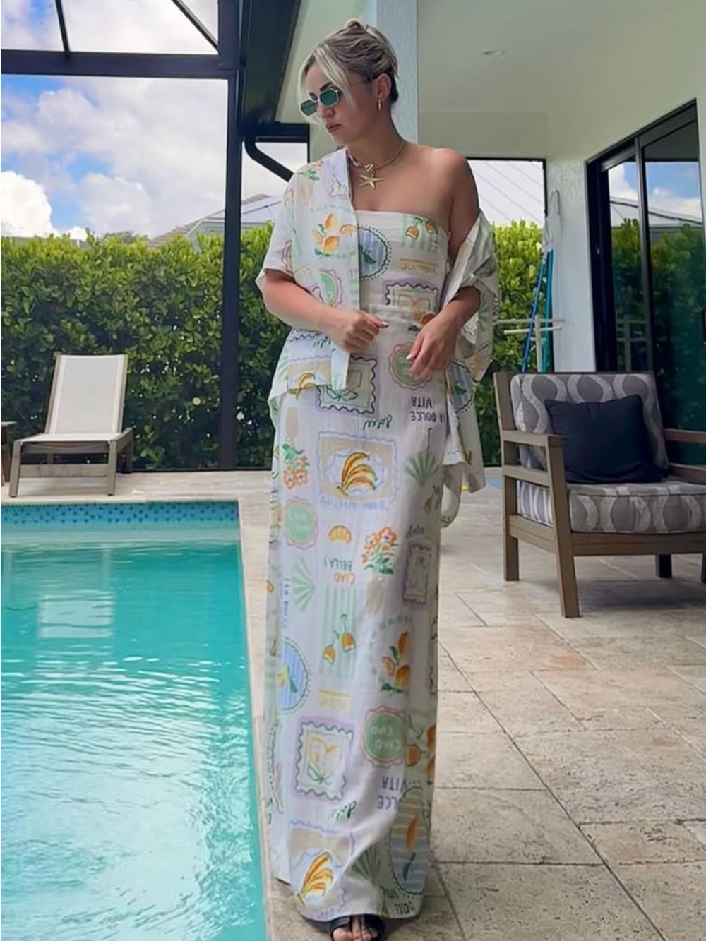 Resort Strapless Maxi Dress & Cover-Up Set — White with Pastel Tropical Print